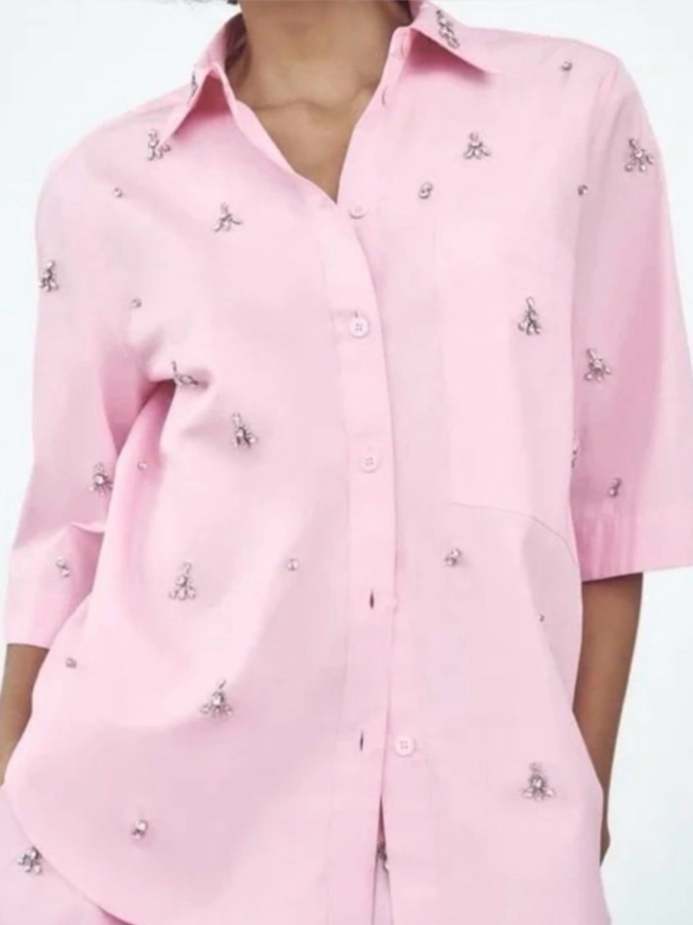 Zara Pink Cotton Button-Up Blouse | Rhinestones | 3/4 Sleeves | S | NWT - Picture 6 of 13